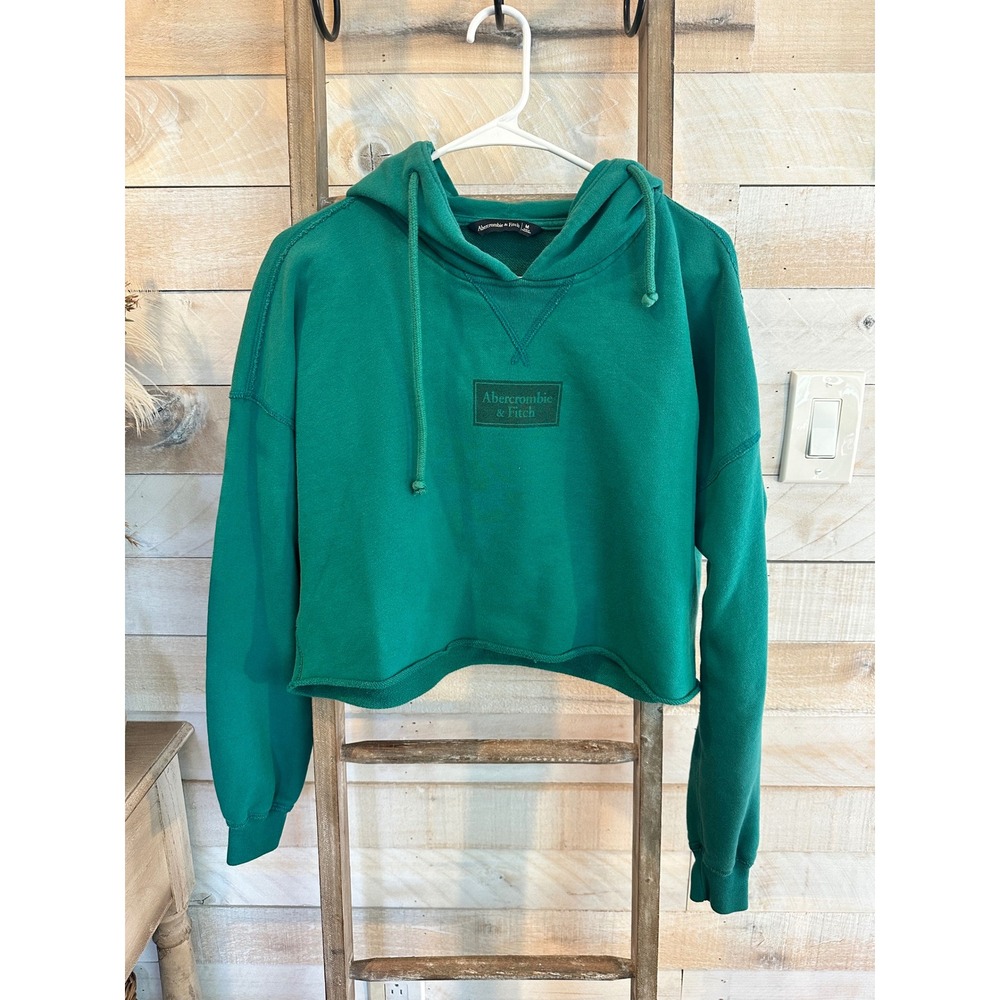 Abercrombie & Fitch Green Cropped Hoodie Sweatshirt Logo Raw Hem Medium